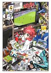  absurdres arsenal_fc ball black_eyes book brazuca chelsea_fc computer controller cup daibajoujisan fc_internazionale_milano field from_above game_console game_controller grass highres la_liga lanyard laptop looking_back male_focus manchester_united mouse_(computer) mousepad_(object) mug original oversized_clothes portuguese poster_(object) premier_league real_madrid red_hair remote_control serie_a shoes sitting soccer soccer_ball soccer_uniform solo sportswear stadium television xbox 