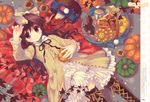  animal animal_on_head basket bird bird_on_head blush boots bread brown_eyes brown_hair casual cockatiel copyright_request food frills from_above highres jack-o'-lantern looking_at_viewer lying on_back on_head picnic_basket pumpkin santa_matsuri smile solo 