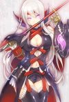  1girl armor belt breasts capcom chickenb cleavage cleavage_cutout female gigginox_(armor) gloves long_hair monster_hunter monster_hunter_3 navel purple_eyes shield solo sword thighhighs weapon white_hair 