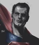  1boy 2014 alien artist_name bodysuit cape dawn_of_justice dc_comics dccu grey_background henry_cavill huy_wee_dinh justice_league kal-el kryptonian male male_focus man_of_steel portrait realistic red_cape s_shield sketch solo spot_color superman superman_(series) 