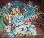  1girl angel angel_wings aqua_eyes breasts graffiti nanael panties pantyshot photo queen&#039;s_blade queen's_blade underwear wings 