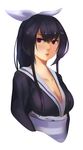  3four bangs black_hair breasts cleavage hair_ribbon honda_futayo japanese_clothes kimono kyoukaisenjou_no_horizon long_hair medium_breasts ponytail purple_eyes ribbon sash solo upper_body yukata 