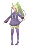  3four ahoge bangs casual fire_emblem fire_emblem:_kakusei green_hair long_hair mamkute no_shoes nono_(fire_emblem) parted_bangs pointy_ears ponytail purple_eyes sidelocks smile solo sweater thighhighs zettai_ryouiki 