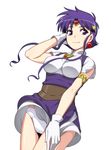  armlet caryo circlet dress earrings gloves jewelry long_hair looking_at_viewer nanashino panties pantyshot pantyshot_(standing) purple_eyes purple_hair sidelocks simple_background smile solo standing super_robot_wars super_robot_wars_the_lord_of_elemental underwear white_background white_gloves white_panties wind wind_lift xenia_grania_bilseia 