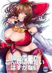  areola_slip areolae barefoot bow breasts brown_hair cleavage cover cover_page curvy detached_sleeves doujin_cover garter_belt green_eyes hair_bow hair_tubes hakurei_reimu hazuki_tooya huge_breasts solo thick_thighs thigh_gap thighs touhou wide_hips 