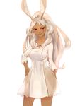  3four alternate_costume animal_ears breasts bunny_ears dark_skin dress final_fantasy final_fantasy_xii fran hand_on_hip large_breasts long_hair see-through solo viera white_dress white_hair 