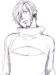  1boy indigoissy lowres male male_focus monochrome one_piece open-chest_sweater sanji sketch solo 