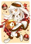 :d box dress gift gift_box hat highres holding horns kantai_collection long_hair looking_at_viewer machinery mittens northern_ocean_hime open_mouth orange_eyes piano-alice santa_hat shinkaisei-kan smile solo white_dress white_hair white_skin 
