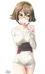  alternate_costume arm_behind_back bad_id bad_pixiv_id bespectacled blush brown_hair cowboy_shot dated glasses highres kantai_collection mutsu_(kantai_collection) nekobaka off_shoulder red-framed_eyewear ribbed_sweater short_hair simple_background solo sweater twitter_username white_background yellow_eyes 