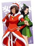  2girls arm_hug asami_sato avatar:_the_last_airbender bag bell bells black_hair blue_hair brown_hair christmas couple daniel_macgregor dark_skin eyeshadow fur_trim hat korra legend_of_korra lipstick looking_at_viewer makeup multiple_girls red_lipstick santa_costume santa_hat short_hair smile smirk snowing the_legend_of_korra yuri 