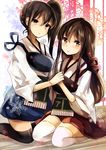  akagi_(kantai_collection) black_legwear blue_skirt brown_eyes brown_hair hakama_skirt holding_hands japanese_clothes kaga_(kantai_collection) kantai_collection kneeling long_hair looking_at_viewer multiple_girls muneate pleated_skirt red_skirt seiza side_ponytail sitting skirt tasuki thighhighs ukita_uuko white_legwear 