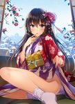  black_hair blue_eyes blush dengeki_moeou flower hair_between_eyes hair_flower hair_ornament hand_to_own_mouth haori highres japanese_clothes kanzashi kimono long_hair looking_at_viewer no_panties obi open_mouth sash sitting skirt skirt_lift snow snowing solo tabi tousaki_umiko tree tsumami_kanzashi yokozuwari 