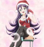  arm_up breasts cleavage crossed_legs green_eyes hat highres kanojo_ga_flag_wo_oraretara long_hair open_mouth purple_hair santa_costume santa_hat screencap seiteikouji_mimori sitting solo thighhighs 