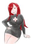  breasts cleavage cleavage_cutout contrapposto drawfag dress grin hair_over_one_eye hand_on_hip large_breasts lips lipstick long_hair makeup parasoul_(skullgirls) red_hair skullgirls slender_waist smile solo standing sweater sweater_dress yellow_eyes 