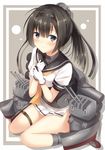  ahoge akizuki_(kantai_collection) black_hair blue_eyes boots chou-10cm-hou-chan gloves grey_footwear hair_ornament headband highres kantai_collection long_hair looking_at_viewer machinery pleated_skirt ponytail sitting skirt smile solo tomoo_(tomo) turret wariza white_gloves 