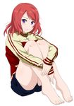  :t barefoot blush full_body jacket leg_hug looking_at_viewer love_live! love_live!_school_idol_project nishikino_maki pout purple_eyes red_hair short_hair shorts simple_background solo thighs track_jacket white_background yottsuu 