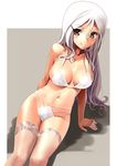  arm_support bra breasts cleavage hair_ornament hairclip katahira_masashi lace lace-trimmed_thighhighs large_breasts long_hair navel original panties sitting smile solo thighhighs underwear underwear_only white_bra white_hair white_legwear white_panties yellow_eyes 