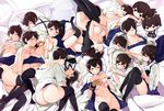  ass bottomless breasts brown_eyes brown_hair chibi cleavage clone cup japanese_clothes kaga_(kantai_collection) kantai_collection large_breasts lying no_panties on_back panties short_hair side_ponytail suko_mugi tea too_many topless underwear yunomi 