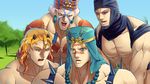  battle_tendency blonde_hair blue_eyes esidisi facial_mark fuchima green_eyes hat head_scarf horns jojo_no_kimyou_na_bouken kars_(jojo) long_hair multiple_boys purple_eyes santana_(jojo) tattoo wamuu white_hair 