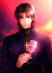  alcohol bad_id bad_pixiv_id brown_eyes brown_hair cross cross_necklace cup drinking_glass fate/stay_night fate_(series) highres hisohiso_(altoblue) jewelry kotomine_kirei male_focus necklace solo wine wine_glass 
