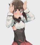  arms_up bad_id bad_pixiv_id blush brown_eyes brown_hair bunny_pose ddal fingernails flat_chest headband headgear highres kantai_collection looking_at_viewer revision short_hair skirt solo sweatdrop taihou_(kantai_collection) 