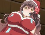  bow breasts brown_hair hair_bow hair_ornament hat kanojo_ga_flag_wo_oraretara large_breasts long_hair mahougasawa_akane santa_costume santa_hat screencap yellow_eyes 