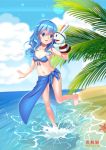  1girl 2019 absurdres arm_up armpits barefoot beach bikini blue_bikini blue_eyes blue_hair blue_swimsuit breasts cloud date_a_live dated full_body gluteal_fold hand_puppet highres long_hair navel ocean open_mouth outdoors palm_leaf puppet sarong sky small_breasts smile solo standing standing_on_one_leg swimsuit toes yoshino_(date_a_live) 