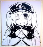  hair_bobbles hair_ornament hat kawashiro_nitori key monochrome one_eye_closed open_mouth ryuu_(multitask) shikishi short_hair smile solo touhou two_side_up 