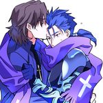  blue_hair brown_hair fate/extra fate/extra_ccc fate/stay_night fate_(series) forehead_kiss kiss kon_manatsu kotomine_kirei lancer multiple_boys ponytail purple scarf 