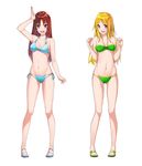  :d bikini blonde_hair blue_eyes borrowed_character breasts brown_eyes brown_hair full_body highres long_hair medium_breasts multiple_girls navel open_mouth original pigeon-toed sandals shirousagi_uyu side-tie_bikini smile standing swimsuit 