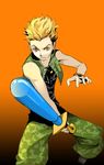  annima bad_deviantart_id bad_id bare_shoulders blonde_hair bracelet camouflage camouflage_pants commentary fighting_stance gradient gradient_background hayner holding holding_weapon jewelry kingdom_hearts kingdom_hearts_ii male_focus necklace orange_background pants pendant shirt sleeveless solo t-shirt vest weapon yellow_eyes 