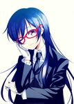  absurdres bespectacled blue_hair glasses gloves highres long_hair looking_at_viewer love_live! love_live!_school_idol_project necktie one_eye_closed sizuka_(takuma0) smile solo sonoda_umi suit_jacket white_gloves 