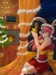  angelscale animal_ears breasts bunny_ears christmas christmas_lights christmas_tree cleavage hat headphones highres large_breasts long_hair looking_at_viewer nitroplus one_eye_closed open_mouth pink_hair red_eyes santa_hat smile solo star super_sonico thighhighs 