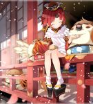  1girl apron architecture benienma_(fate/grand_order) bird box cherry_blossoms east_asian_architecture eyes_closed fate/grand_order fate_(series) feeding low_ponytail petals rice sakasa_(guranyto) sitting smile sparrow 