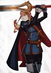  belt blonde_hair boots cape commentary cosplay falchion_(fire_emblem) fingerless_gloves fire_emblem fire_emblem:_kakusei gloves highres long_hair lucina lucina_(cosplay) metroid parted_lips samus_aran solo splashbrush super_smash_bros. sword thigh_boots thighhighs weapon 