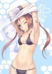  2d android armpits arms_up barcode bikini breasts brown_hair changing_clothes cyborg ear_piercing green_eyes groin midriff navel one_eye_closed piercing small_breasts solo string_bikini swimsuit twintails 