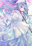  alicetype aqua_eyes aqua_hair hair_ornament hatsune_miku highres hood japanese_clothes kimono leaf long_hair looking_at_viewer oriental_umbrella smile snowflakes snowing solo uchikake umbrella vocaloid yuki_miku 