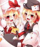  ascot bag blonde_hair dress fang fangs flandre_scarlet frills hat highres kuroyume_(dark495) letter long_sleeves love_letter mob_cap multiple_girls necktie puffy_short_sleeves puffy_sleeves red_eyes red_neckwear ribbon rumia shirt short_sleeves touhou vest white_shirt wings 