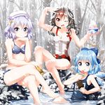  barefoot bathing bikini black_hair blue_bikini blue_eyes blue_hair brain_freeze breasts cirno cleavage collarbone commentary crossed_legs dual_wielding food forest hair_ornament hat holding horns ice ice_wings kijin_seija letty_whiterock licking_lips looking_at_viewer multicolored_hair multiple_girls nature one_eye_closed partially_submerged pink_eyes popsicle purple_eyes purple_hair ruu_(tksymkw) school_swimsuit shaved_ice sitting small_breasts smile snow snowing soaking_feet streaked_hair striped striped_swimsuit swimsuit tongue tongue_out touhou tree water watermelon_bar wings winter 