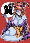  ahoge alternate_costume alternate_hairstyle bare_shoulders blue_eyes blue_skin blush breasts cleavage collarbone cup demon_girl demon_horns floral_print hair_ornament halo hera_(p&amp;d) holding horns japanese_clothes kimono large_breasts long_hair long_sleeves mushi024 off_shoulder open_mouth orange_hair outline pointy_ears puzzle_&amp;_dragons sakazuki sitting sleeves_past_wrists socks solo wide_sleeves yokozuwari 