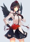  bad_id bad_pixiv_id bird_wings black_hair black_wings brown_gloves cibo_(killy) fan gloves hand_on_own_chest hat hat_ribbon hauchiwa highres long_sleeves looking_at_viewer pom_pom_(clothes) red_eyes ribbon shameimaru_aya shirt skirt solo tokin_hat touhou wings 
