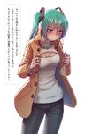  aqua_eyes aqua_hair blue_eyes blush breasts cleavage cleavage_cutout coat commentary cowboy_shot hatsune_miku jewelry large_breasts long_hair meme_attire nail_polish necklace open-chest_sweater open_clothes open_coat ribbed_sweater ring solo sweatdrop sweater translated turtleneck twintails very_long_hair vocaloid wokada 