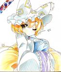  absurdres blonde_hair breasts colored_pencil_(medium) eyelashes fox_tail gokuu_(acoloredpencil) hands_in_opposite_sleeves hat heart highres large_breasts looking_at_viewer multiple_tails one_eye_closed shikishi short_hair signature simple_background slit_pupils solo tabard tail touhou traditional_media white_background wide_sleeves yakumo_ran yellow_eyes 