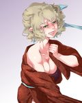  blonde_hair breasts clenched_teeth green_eyes japanese_clothes kimono mago_(gengennikoniko) medium_breasts mizuhashi_parsee nipples off_shoulder open_clothes pointy_ears short_hair solo teeth touhou 