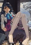  black_hair boots_removed brown_eyes dated grey_legwear hair_over_one_eye hayashimo_(kantai_collection) kantai_collection knees_together_feet_apart long_hair panties panties_under_pantyhose pantyhose school_uniform shoes_removed sitting solo tatami thigh_strap toro_(konirio) twitter_username underwear very_long_hair 