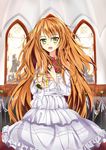  :d absurdres bad_id bad_pixiv_id blush bouquet church dress fang flower frilled_dress frills golden_time green_eyes highres kaga_kouko kin_toki long_hair looking_at_viewer open_mouth orange_hair smile solo stained_glass very_long_hair white_dress 