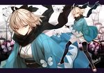  ahoge artist_name black_legwear blonde_hair bow bug butterfly fate_(series) hachini hair_bow insect japanese_clothes katana kimono koha-ace obi okita_souji_(fate) okita_souji_(fate)_(all) ready_to_draw sash scarf shinsengumi short_hair short_kimono solo sword thighhighs toeless_legwear weapon yellow_eyes 