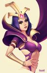  arm_strap bracer breasts cape center_opening emilia_leblanc eyeshadow forehead_jewel forehead_protector hands_on_hips high_collar jonathan_hamilton league_of_legends lipstick long_hair makeup medium_breasts midriff nail_polish navel purple_hair purple_nails runny_makeup solo upper_body watermark web_address yellow_eyes 