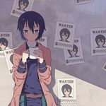  androgynous belt belt_pouch black_hair coat coffee cup drink drinking expressionless highres kino kino_no_tabi luo. mug poster_(object) pouch purple_eyes reverse_trap shadow short_hair solo wall wanted 