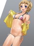  :d bare_shoulders bikini blonde_hair blue_eyes blush breasts cameltoe covered_nipples cowboy_shot gundam gundam_build_fighters gundam_build_fighters_try hoshino_fumina jacket jpeg_artifacts looking_at_viewer medium_breasts navel open_clothes open_jacket open_mouth ponytail pubic_hair pussy_peek sasayuki shiny shiny_skin side-tie_bikini skindentation smile solo swimsuit 